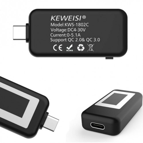 KEWEISI Testeur multifonction Type-C / USB-C Chargeur Détecteur Voltmètre Numérique Ampèremètre Voltmètres (Noir) SH801B714-010