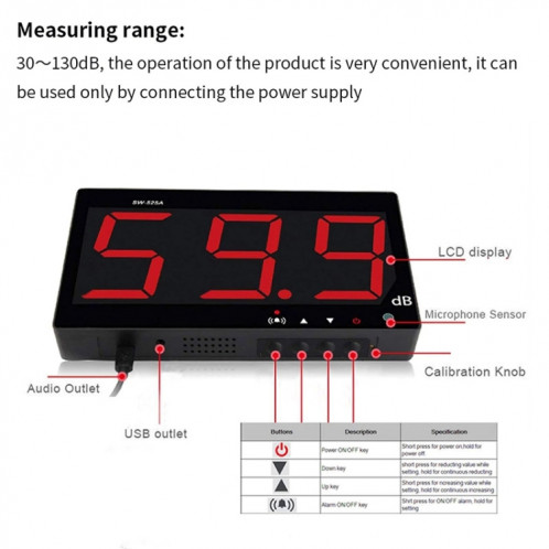 SNDWAY Testeurs de surveillance de décibel de bruit d'affichage numérique grand écran 30 ~ 130dB muraux, spécification: SW525B avec stockage + USB SS6802695-07