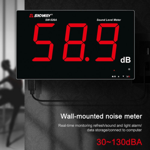 SNDWAY Testeurs de surveillance de décibel de bruit d'affichage numérique grand écran 30 ~ 130dB muraux, spécification: SW526A écran 18 pouces SS6803825-07