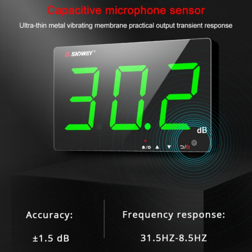 SNDWAY Testeurs de surveillance de décibel de bruit d'affichage numérique grand écran 30 ~ 130dB muraux, spécification: SW525G avec stockage + USB vert SS68051718-07