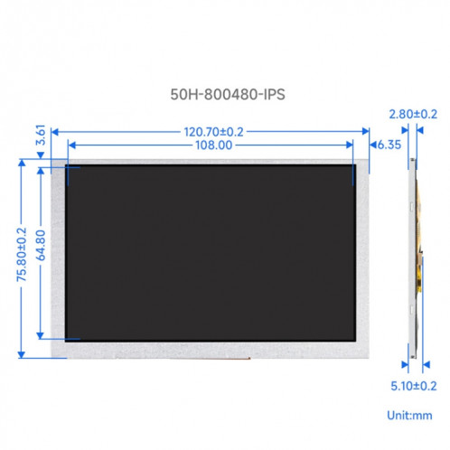 Écran DSI Waveshare 5 pouces, 800 × 480 pixels, panneau d'affichage IPS, style : sans contact SW90011859-08