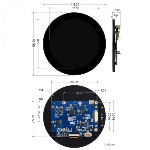 Écran tactile rond Waveshare 3,4 pouces DSI, 800 × 800, IPS, tactile 10 points SW4797744-011