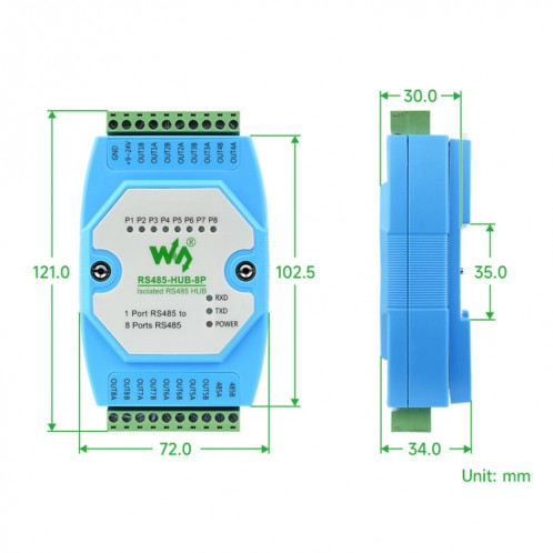 Waveshare RS485-HUB-8P Concentrateur RS485 isolé de qualité industrielle à 8 canaux, support de montage sur rail, large plage de débit en bauds SW4801857-010