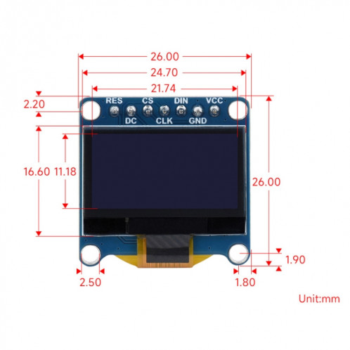 Module d'affichage OLED Waveshare 0,96 pouces, résolution 128 × 64, communication SPI / I2C (E Blue) SW301C118-08