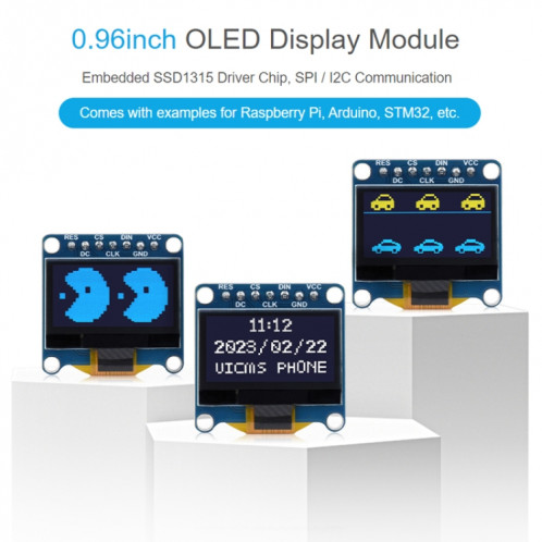 Module d'affichage OLED Waveshare 0,96 pouces, résolution 128 × 64, communication SPI / I2C (E Blue) SW301C118-08