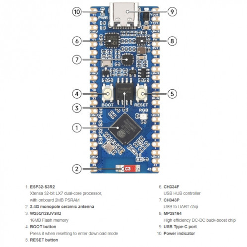 Microcontrôleur Waveshare ESP32-S3, carte de développement Wi-Fi 2,4 GHz, processeur double cœur SW18691766-09