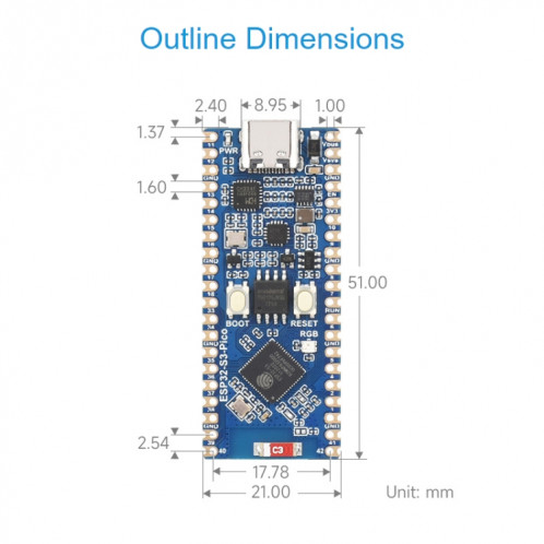 Microcontrôleur Waveshare ESP32-S3 Carte de développement Wi-Fi 2,4 GHz Processeur double cœur SW343722-010