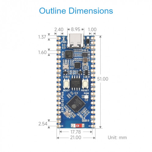Microcontrôleur Waveshare ESP32-S3 Carte de développement Wi-Fi 2,4 GHz Processeur double cœur SW343722-010