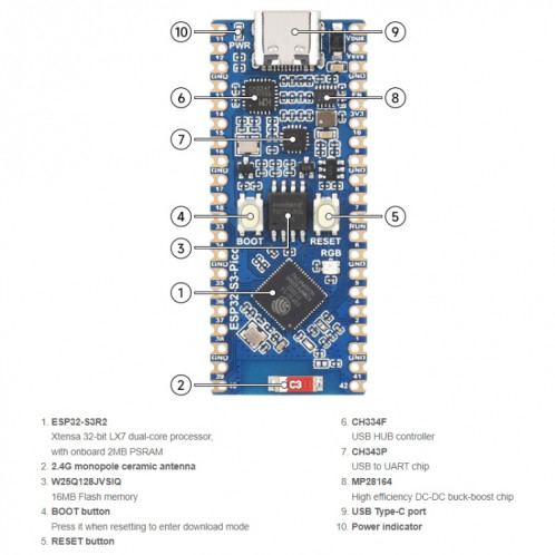 Microcontrôleur Waveshare ESP32-S3 Carte de développement Wi-Fi 2,4 GHz Processeur double cœur SW343722-010