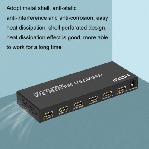FJGEAR FJ-4K204 Distributeur de commutateur HDMI audio HD 4K 2 entrées 4 sorties, type de prise : prise US SF1502656-07