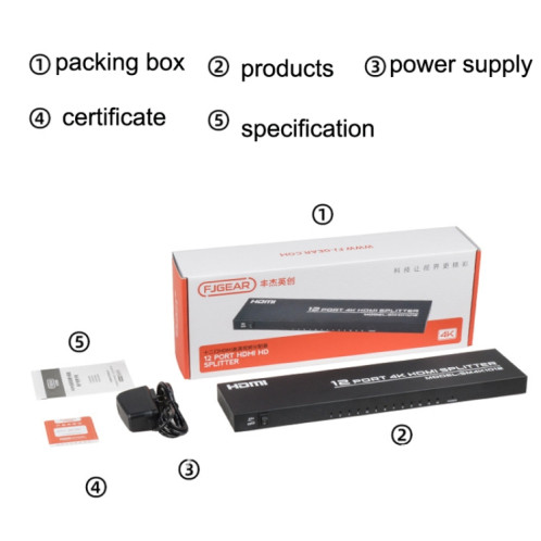 FJGEAR FJ-SM1012 Répartiteur audio et vidéo HDMI 4K HD 1 entrée 12 sorties 30 Hz, type de prise : SF7202740-07