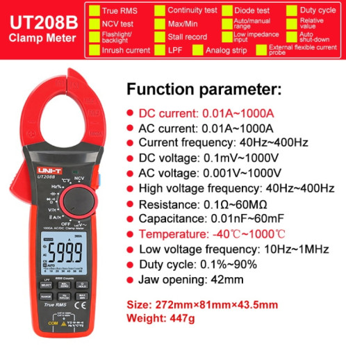 UNI-T UT208B 1000A 42mm Jaw Size Digital Clamp Meter AC DC Voltage Detector SU8102951-07