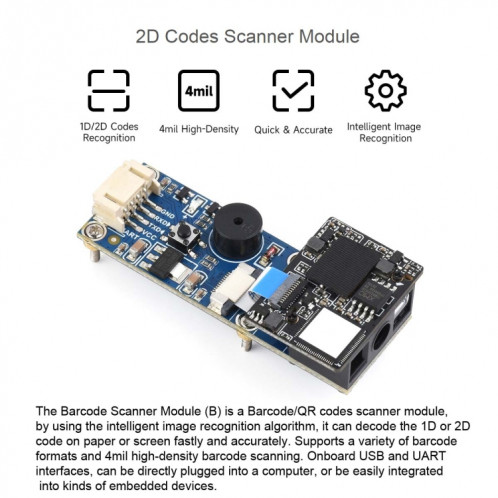 Le module de scanner de codes 2D Waveshare prend en charge la numérisation de codes-barres haute densité 4 mil, 23962 SW4117596-06