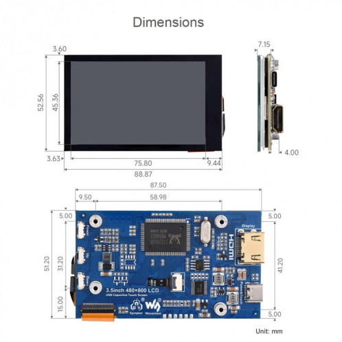 Écran LCD tactile capacitif Waveshare 3.5 pouces 480x800 IPS pour Raspberry Pi, Interface HDMI SW4118728-07