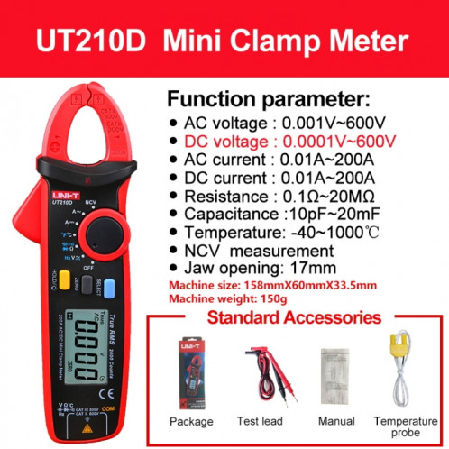 UNI-T UT210D 200A Pince ampèremétrique numérique Détecteur de tension AC DC SU56021831-06