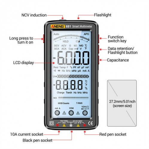 ANENG 681 Écran d'affichage numérique LCD Multimètre rechargeable à plage automatique intelligente (noir) SA001B868-012