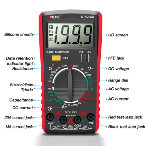 Multimètre numérique intelligent de haute précision ANENG Automatique, modèle: clé de maintien DT9205A (rouge) SA501B1762-07
