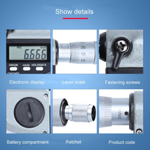 Micromètre de diamètre extérieur à affichage numérique 0.001mm jauge d'épaisseur de micromètre à spirale électronique de haute précision, modèle: 0-25mm SH5401434-08