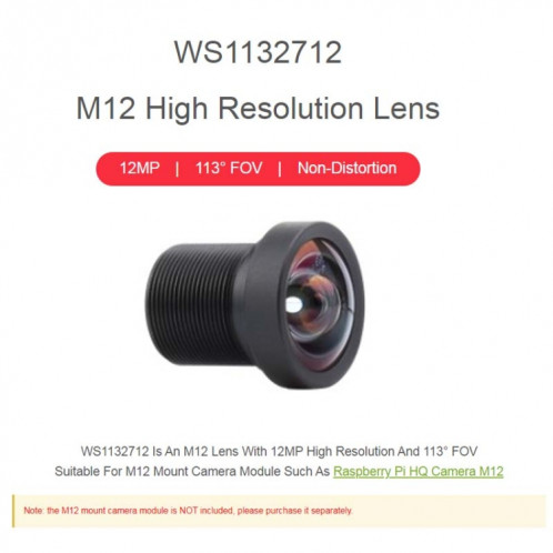 Waveshare WS1132712 pour objectif haute résolution Raspberry Pi M12, 12MP, champ de vision de 113 degrés, longueur focale de 2,7 mm, 23965 SW0529142-05