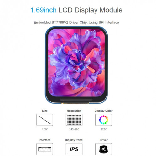 Module d'affichage LCD IPS de résolution 1,69 pouces 240 × 280 Waveshare avec interface SPI SW25061564-010