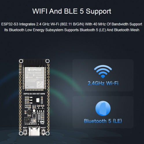 Microcontrôleur Waveshare ESP32-S3 Carte de développement Wi-Fi 2,4 GHz ESP32-S3-WROOM-1-N8R8 Module Standard Ver.Avec en-tête d'épingle SW1902238-011