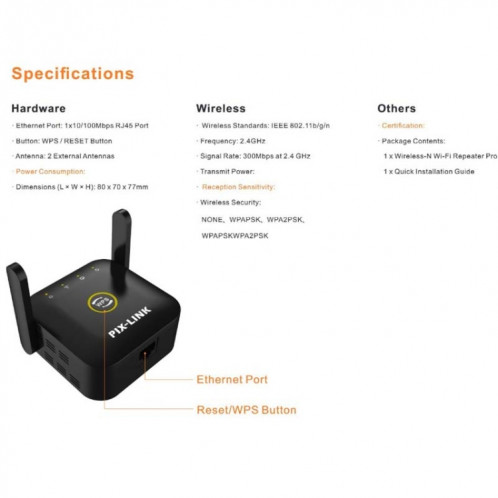 PIX-LINK WR22 Extendeur d'amélioration de l'amplification du signal sans fil Wifi 300 Mbps, Type de prise: Prise UE (Noir) SP601A1570-012