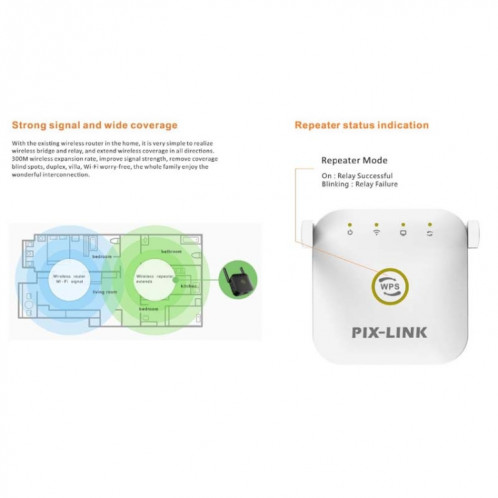 PIX-LINK WR22 Extendeur d'amélioration de l'amplification du signal sans fil Wifi 300 Mbps, Type de prise: Prise AU (Noir) SP604A1657-012