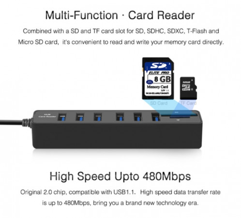 Multi USB 2.0 Hub USB Splitter haute vitesse 6 ports avec lecteur de carte TF SD (noir) SH901A500-06