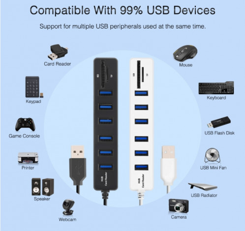 Multi USB 2.0 Hub USB Splitter haute vitesse 6 ports avec lecteur de carte TF SD (noir) SH901A500-06
