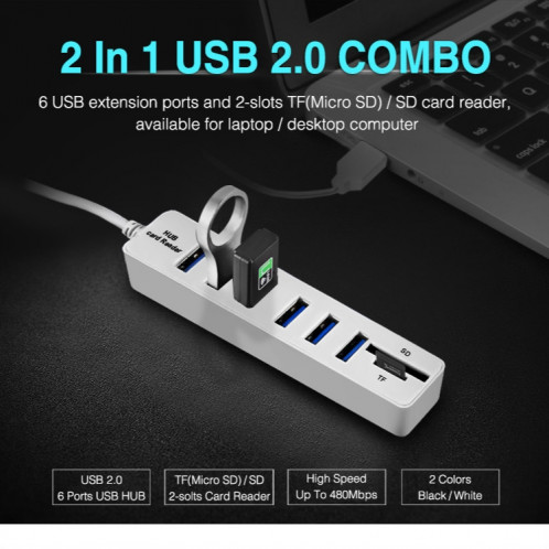 Multi USB 2.0 Hub USB Splitter haute vitesse 6 ports avec lecteur de carte TF SD (noir) SH901A500-06