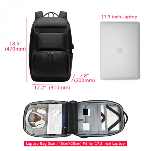 Sac à dos de voyage pour hommes de grande capacité Sac à dos anti-vol pour ordinateur portable avec port de chargement USB (noir) SH801A788-07
