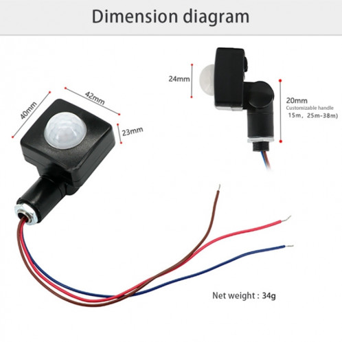 Interrupteur de projecteurs de mur de détecteur de mouvement infrarouge PIR de sécurité automatique, taille: 10 mm SH701A115-08
