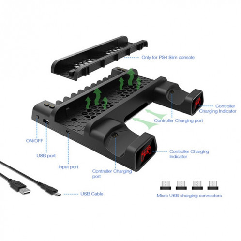 DOBE pour PS4 / SLIM / PRO ventilateur de refroidissement de base de refroidissement multifonction + support de disque + double charge avec lumières LED SD60971087-05