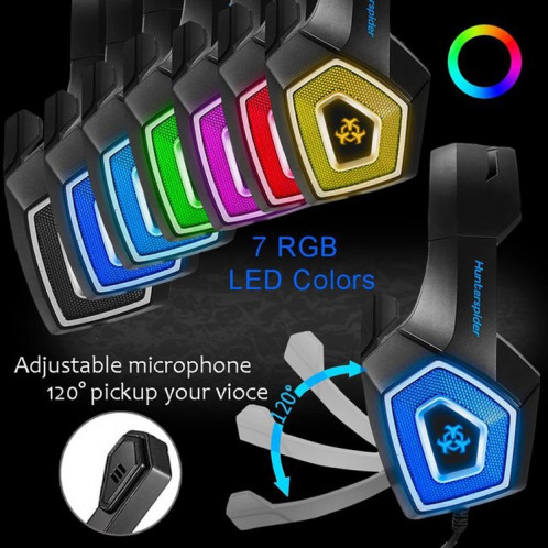 Casque de jeu de contrôle de fil lumineux coloré V1 3,5 mm RVB, longueur du câble: 2,2 m (noir rouge) SH601B6-08
