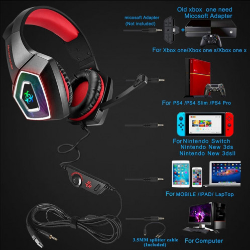 Casque de jeu de contrôle de fil lumineux coloré V1 3,5 mm RVB, longueur du câble: 2,2 m (noir rouge) SH601B6-08