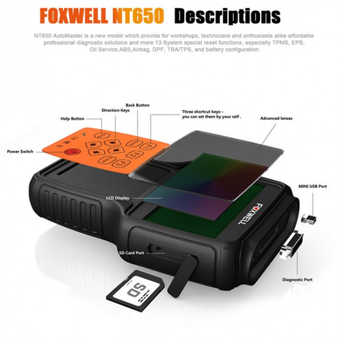FOXWELL NT650 ELITE OBD2 ABS SRS AIRBAG SAS Scanner Outil de diagnostic de la voiture Scanner automatique (noir) SH201A1180-09