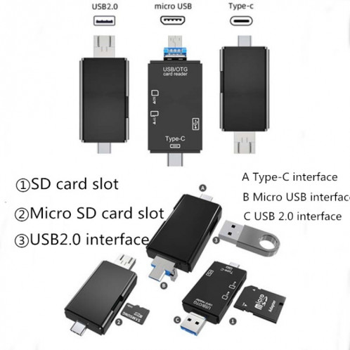 2 PCS type C & Micro USB et USB 2.0 3 ports 1 multi-fonction lecteur de carte, support U disque / TF / SD (Noir) SH201A1499-09