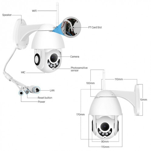 OU-A1IN PTZ contrôle 355 degrés de rotation infrarouge WiFi caméra dôme intelligente, moniteur d'interphone vocal bidirectionnel (prise ue) SH901B1511-014