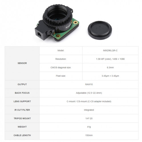 Module de caméra à obturateur global Waveshare Raspberry Pi 1.6MP (24385) SW701A333-08