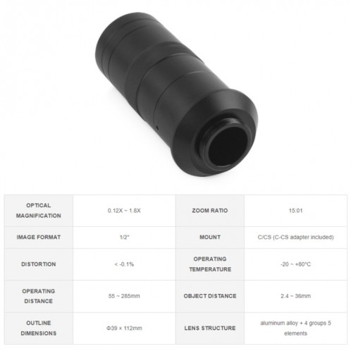 Lentille de microscope industriel Waveshare 100X, monture C/CS, pour caméra Raspberry Pi HQ (24229) SW701A1349-08