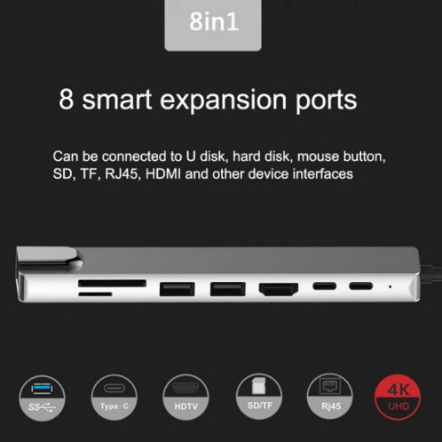 WC7367 8 en 1 87W Type-C vers PD + USB3.0/USB2.0 + SD + TF + HDMI + RJ45 + HUB de Station d'accueil Type-c SH9736858-010