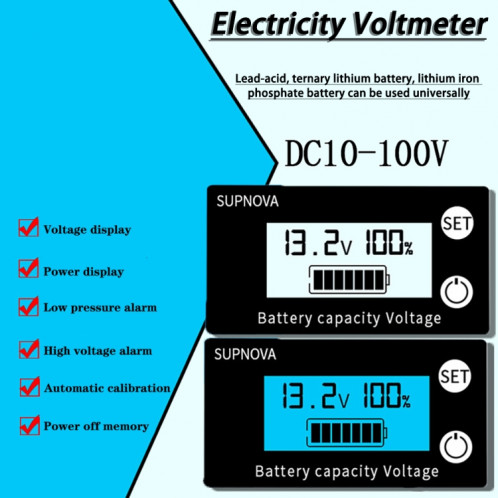 SUPNOVA DC 8-100V Batterie Capacité de capacité Indicateur de tension Voltmètre Painle de tension, style: bleu + alarme + température SH7504815-08