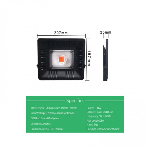 Lumière de plante LED ultra-mince 50W, lumière de croissance COB à spectre complet, lumière de remplissage de serre de légumes, de fruits et de fleurs sans prise SH55011578-09