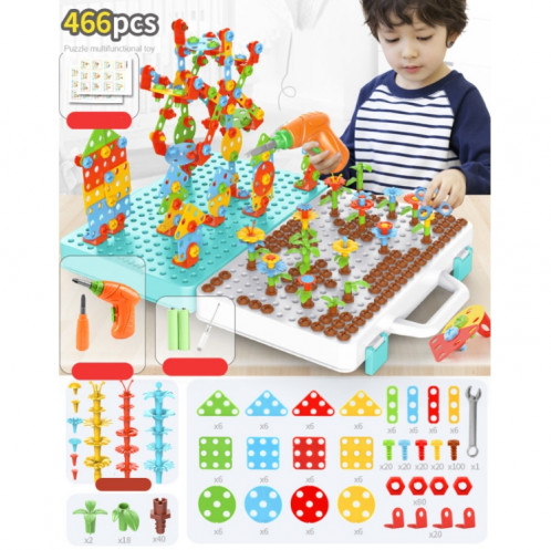 Boîte à outils d'assemblage manuelle de jouet de perceuse électrique de serrage de vis pour enfants, Style: 3D + perceuse électrique (466 PCS) SH2007620-09