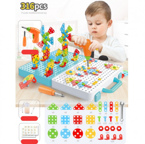 Boîte à outils d'assemblage manuelle de jouet de perceuse électrique de serrage pour enfants, Style: 3D + perceuse électrique + chargeur (316 PCS) SH20101697-09