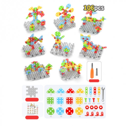 Boîte à outils d'assemblage manuelle de jouet de perceuse électrique de serrage de vis pour enfants, Style: 3D + perceuse manuelle (106 PCS) SH20131747-09