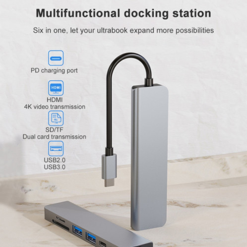 6 en 1 USB-C / TYPE-C à 4K HDMI + SD / TF Card Slot + PD USB-C / TYPE-C Chargement + 2 ports USB 3.0 PORTS Multifonctionnel hub station d'accueil SH87301306-010