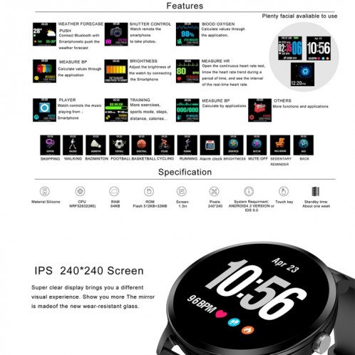 V11 Smartwatch Moniteur de pression artérielle de fréquence cardiaque en temps réel Mode multisports Montre intelligente de lumière respiratoire pour téléphone Android IOS (Silicone rose) SH601C1186-013
