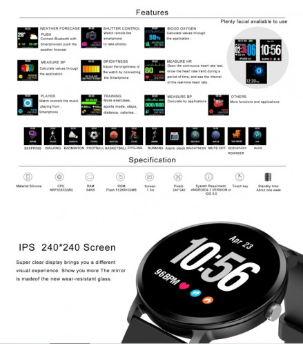 V11 Smartwatch Moniteur de pression artérielle de fréquence cardiaque en temps réel Mode multisports Montre intelligente de lumière respiratoire pour téléphone Android IOS (Silicone rose) SH601C1186-013