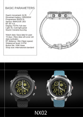 NX02 Sport Smartwatch IP67 Support étanche Tracker Calories Podomètre Smartwatch Chronomètre Rappel SMS (bleu) SH601B1042-013
